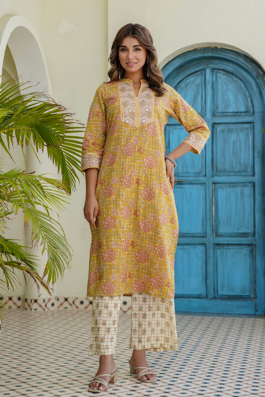 Yellow and Off White Floral Cotton Kurta Set with Palazzos and Dupatta