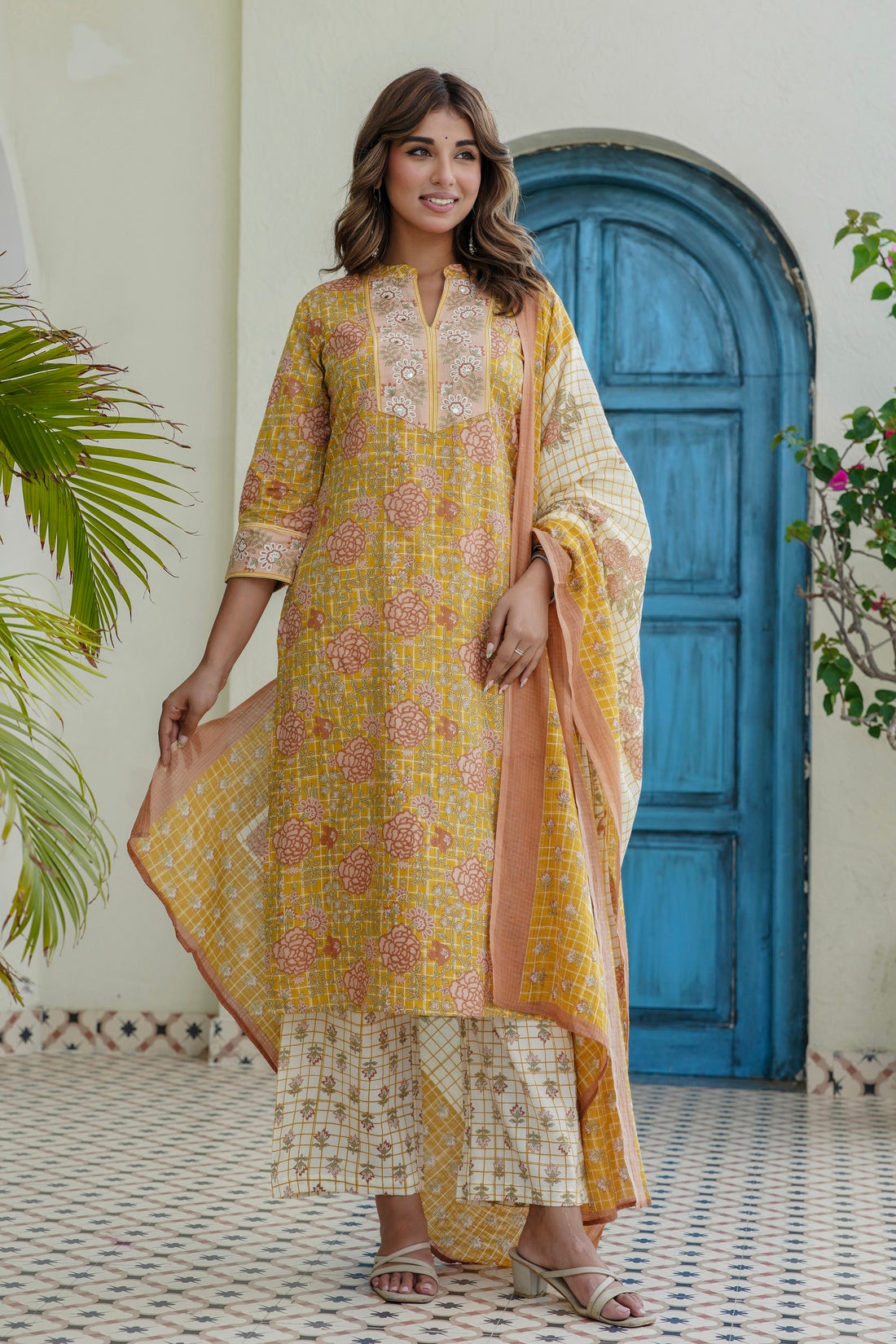 Yellow and Off White Floral Cotton Kurta Set with Palazzos and Dupatta