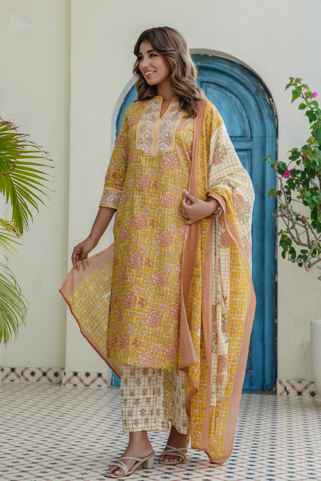 Yellow and Off White Floral Cotton Kurta Set with Palazzos and Dupatta