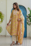 Yellow and Off White Floral Cotton Kurta Set with Palazzos and Dupatta