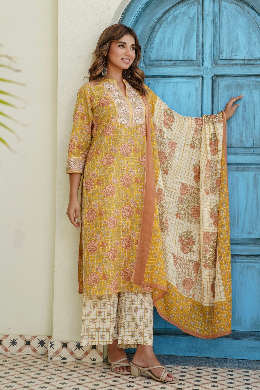 Yellow and Off White Floral Cotton Kurta Set with Palazzos and Dupatta
