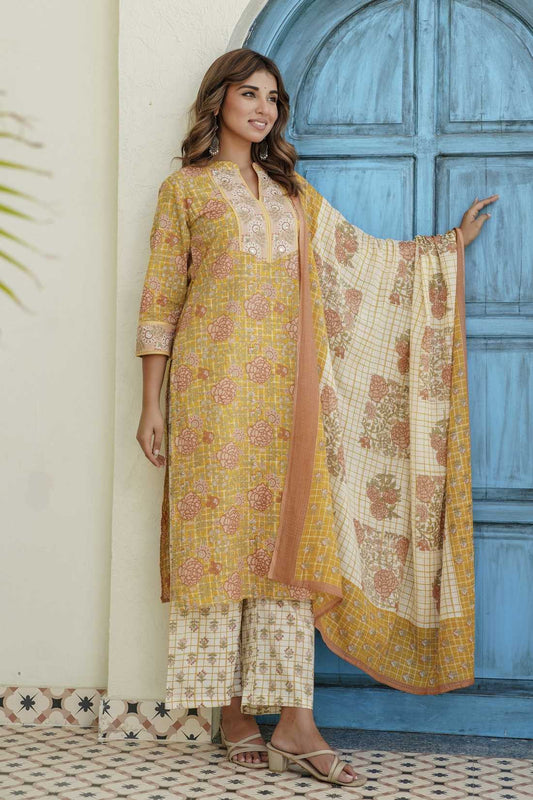 Yellow and Off White Floral Cotton Kurta Set with Palazzos and Dupatta