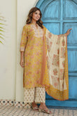 Yellow and Off White Floral Cotton Kurta Set with Palazzos and Dupatta