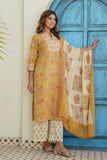 Yellow and Off White Floral Cotton Kurta Set with Palazzos and Dupatta