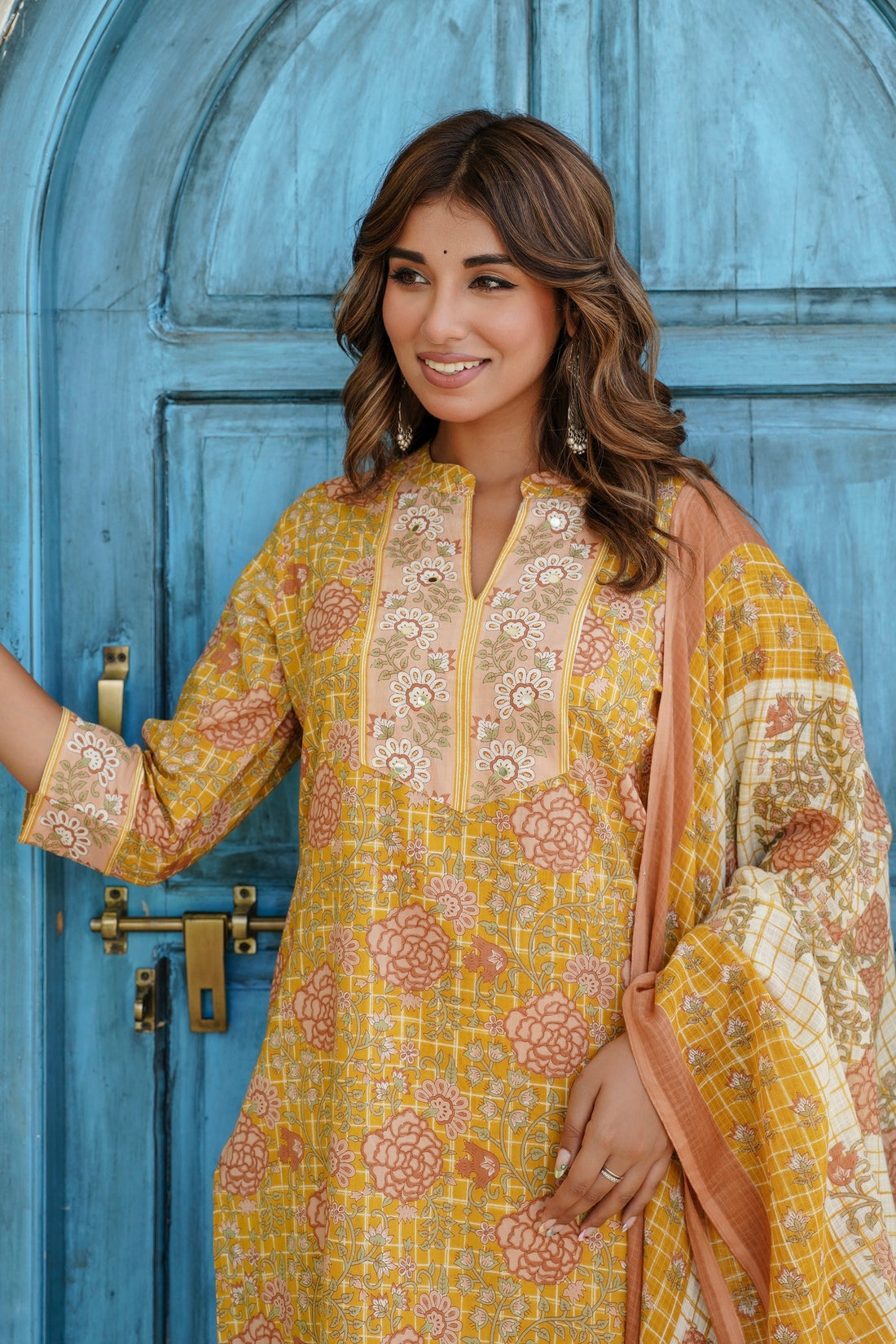 Yellow and Off White Floral Cotton Kurta Set with Palazzos and Dupatta