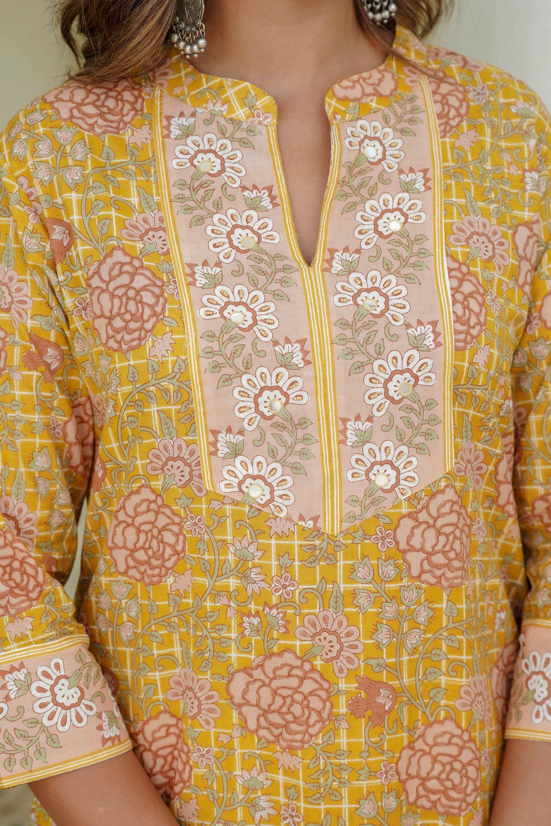 Yellow and Off White Floral Cotton Kurta Set with Palazzos and Dupatta