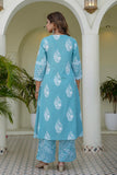 Blue Motif Printed Suit Set with Palazzos and Dupatta