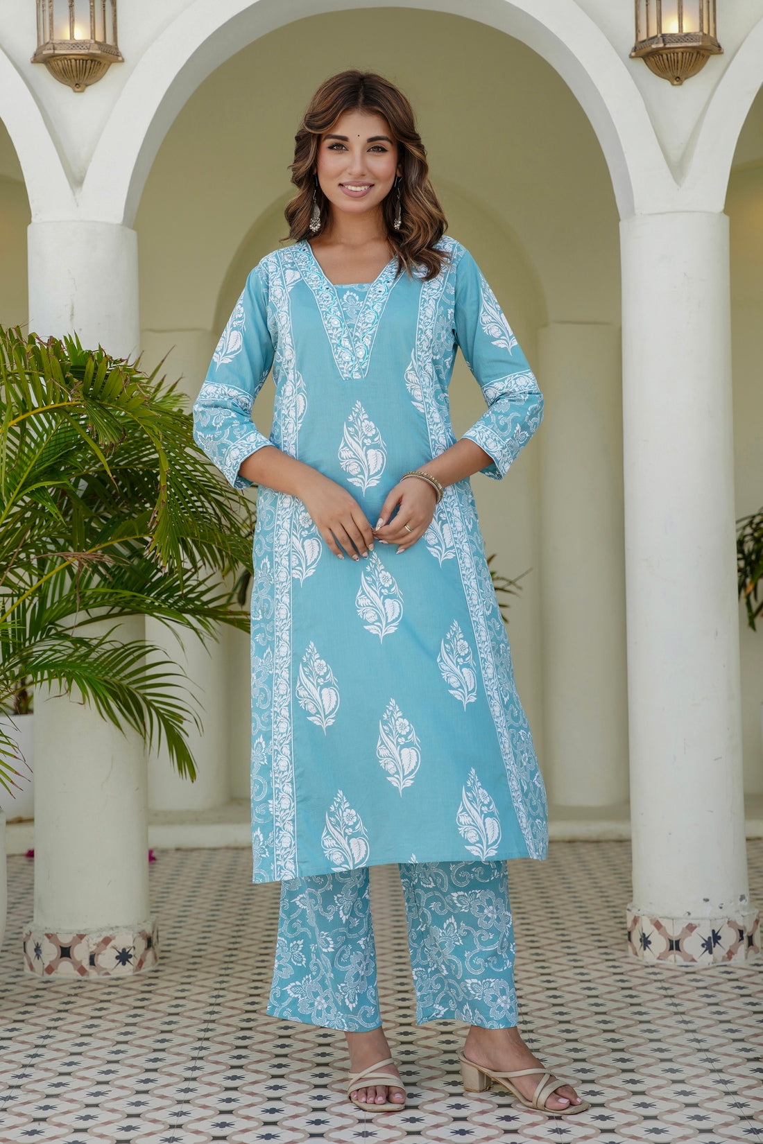 Blue Motif Printed Suit Set with Palazzos and Dupatta