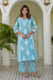Blue Motif Printed Suit Set with Palazzos and Dupatta