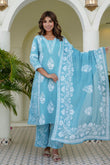 Blue Motif Printed Suit Set with Palazzos and Dupatta
