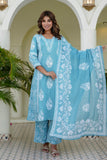 Blue Motif Printed Suit Set with Palazzos and Dupatta