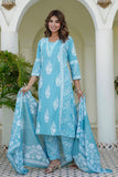 Blue Motif Printed Suit Set with Palazzos and Dupatta