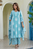 Blue Motif Printed Suit Set with Palazzos and Dupatta