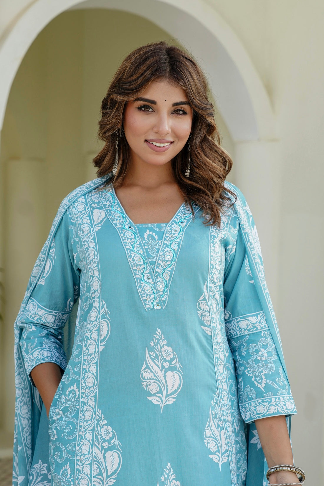 Blue Motif Printed Suit Set with Palazzos and Dupatta