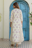 Cream and Purple Floral Print Anarkali Suit Set with Palazzos and Dupatta