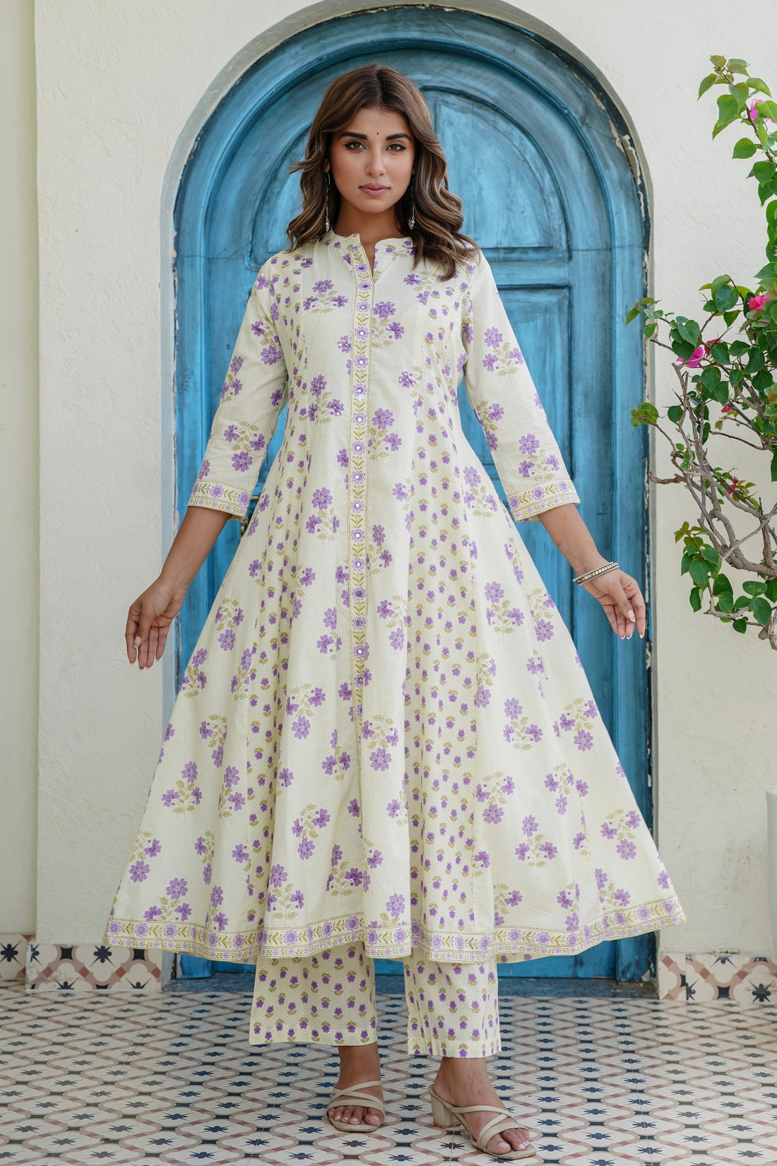 Cream and Purple Floral Print Anarkali Suit Set with Palazzos and Dupatta