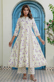 Cream and Purple Floral Print Anarkali Suit Set with Palazzos and Dupatta