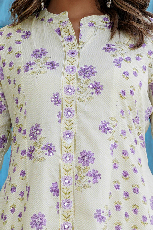 Cream and Purple Floral Print Anarkali Suit Set with Palazzos and Dupatta