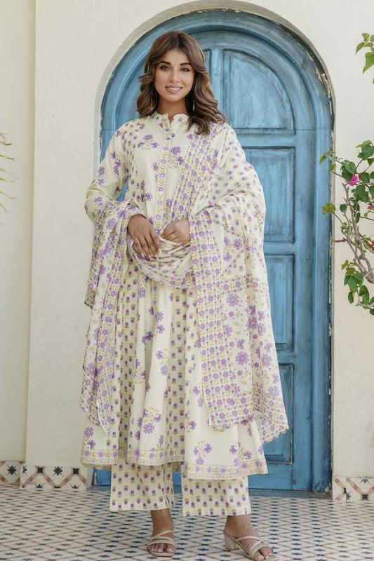 Cream and Purple Floral Print Anarkali Suit Set with Palazzos and Dupatta