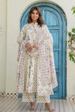 Cream and Purple Floral Print Anarkali Suit Set with Palazzos and Dupatta