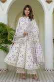 Cream and Purple Floral Print Anarkali Suit Set with Palazzos and Dupatta
