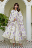 Cream and Purple Floral Print Anarkali Suit Set with Palazzos and Dupatta