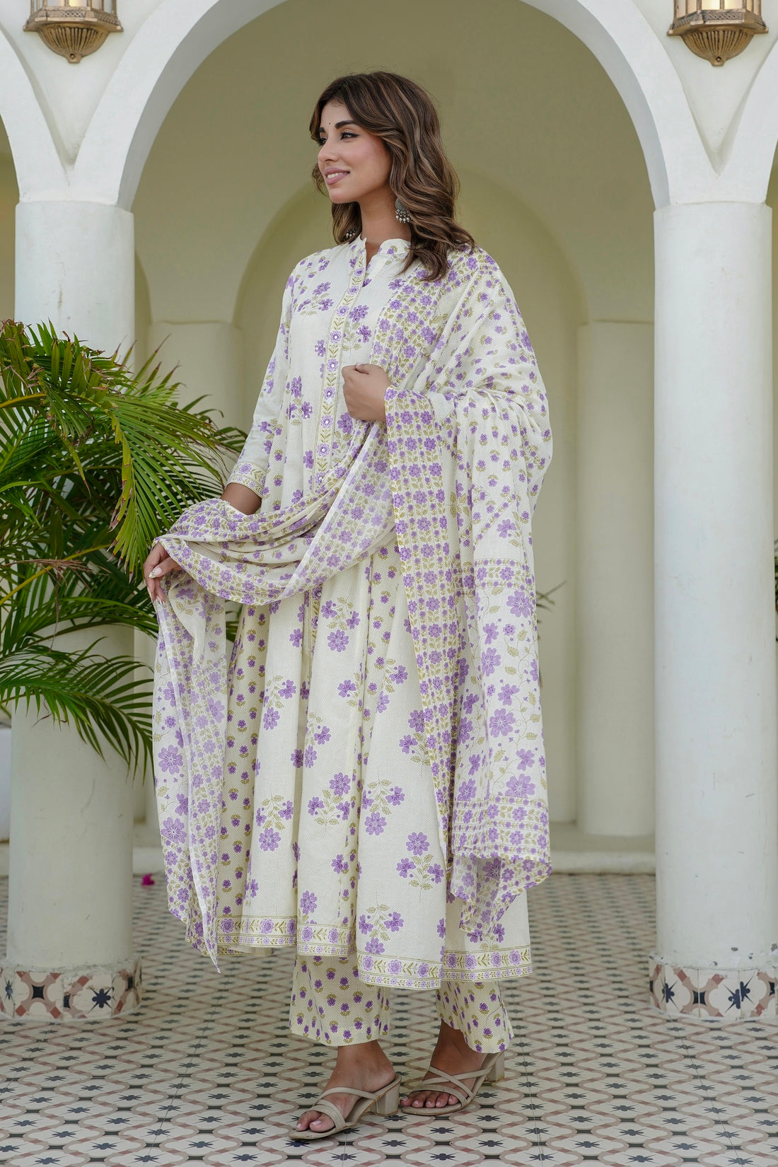 Cream and Purple Floral Print Anarkali Suit Set with Palazzos and Dupatta