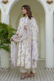 Cream and Purple Floral Print Anarkali Suit Set with Palazzos and Dupatta