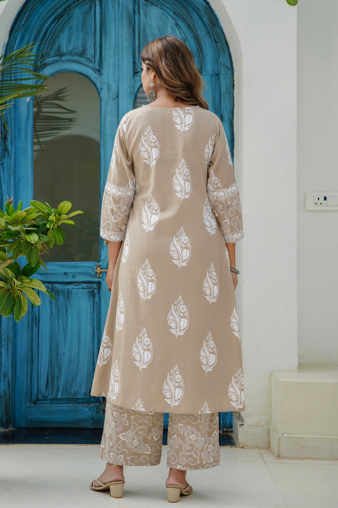 Beige Motif Printed Suit Set with Palazzos and Dupatta