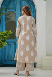 Beige Motif Printed Suit Set with Palazzos and Dupatta