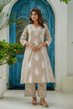 Beige Motif Printed Suit Set with Palazzos and Dupatta