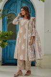 Beige Motif Printed Suit Set with Palazzos and Dupatta