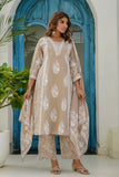 Beige Motif Printed Suit Set with Palazzos and Dupatta