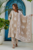 Beige Motif Printed Suit Set with Palazzos and Dupatta