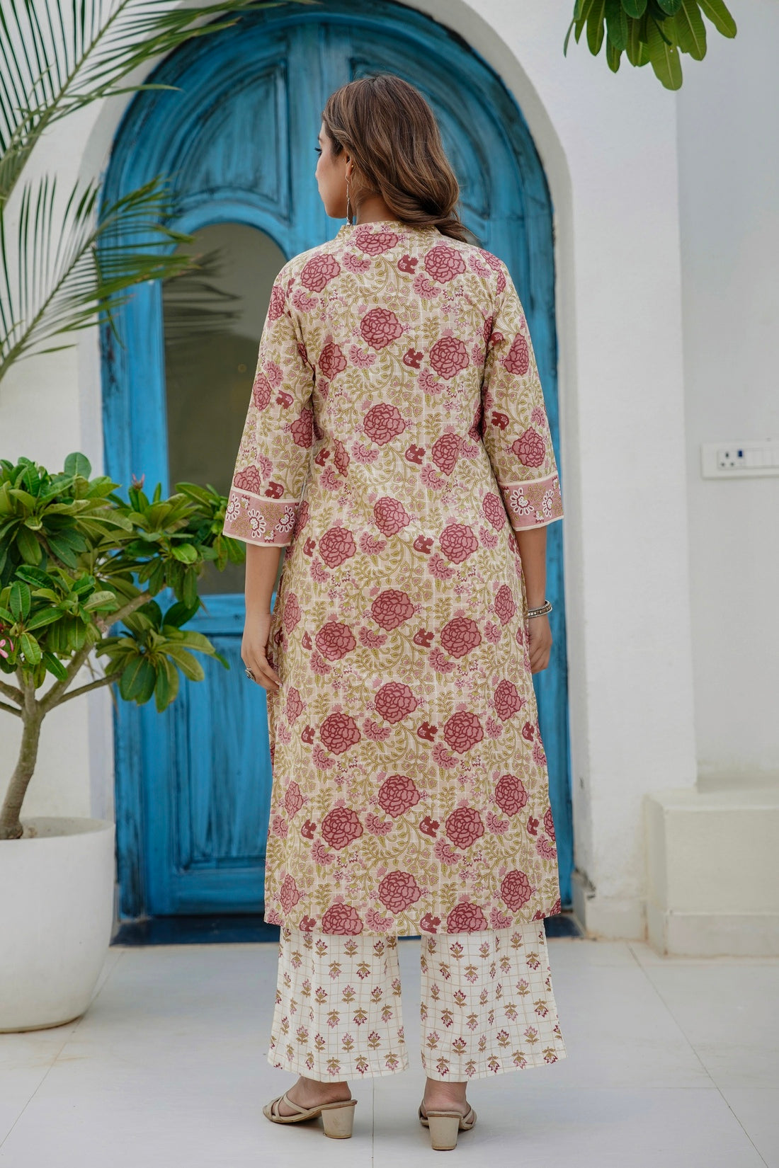 Pink and Off White Floral Cotton Kurta Set with Palazzos and Dupatta