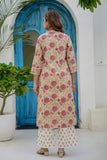 Pink and Off White Floral Cotton Kurta Set with Palazzos and Dupatta