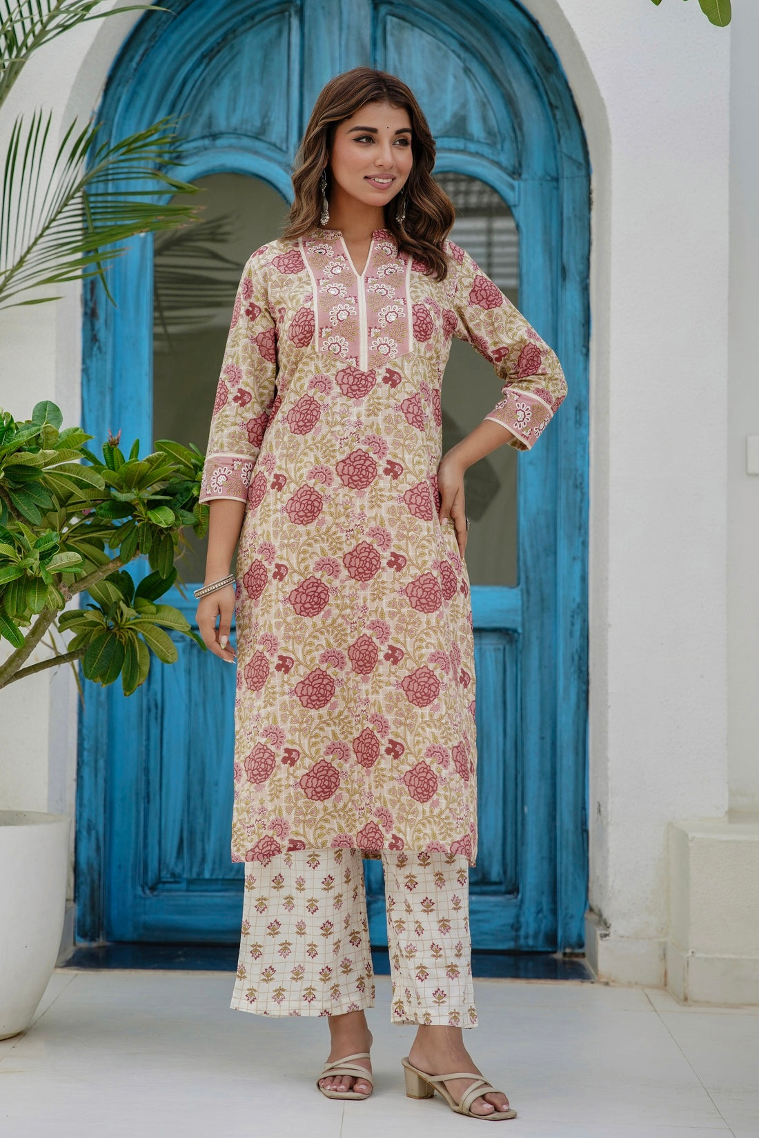 Pink and Off White Floral Cotton Kurta Set with Palazzos and Dupatta