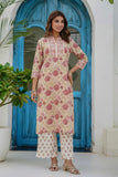 Pink and Off White Floral Cotton Kurta Set with Palazzos and Dupatta