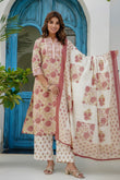 Pink and Off White Floral Cotton Kurta Set with Palazzos and Dupatta