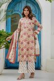 Pink and Off White Floral Cotton Kurta Set with Palazzos and Dupatta
