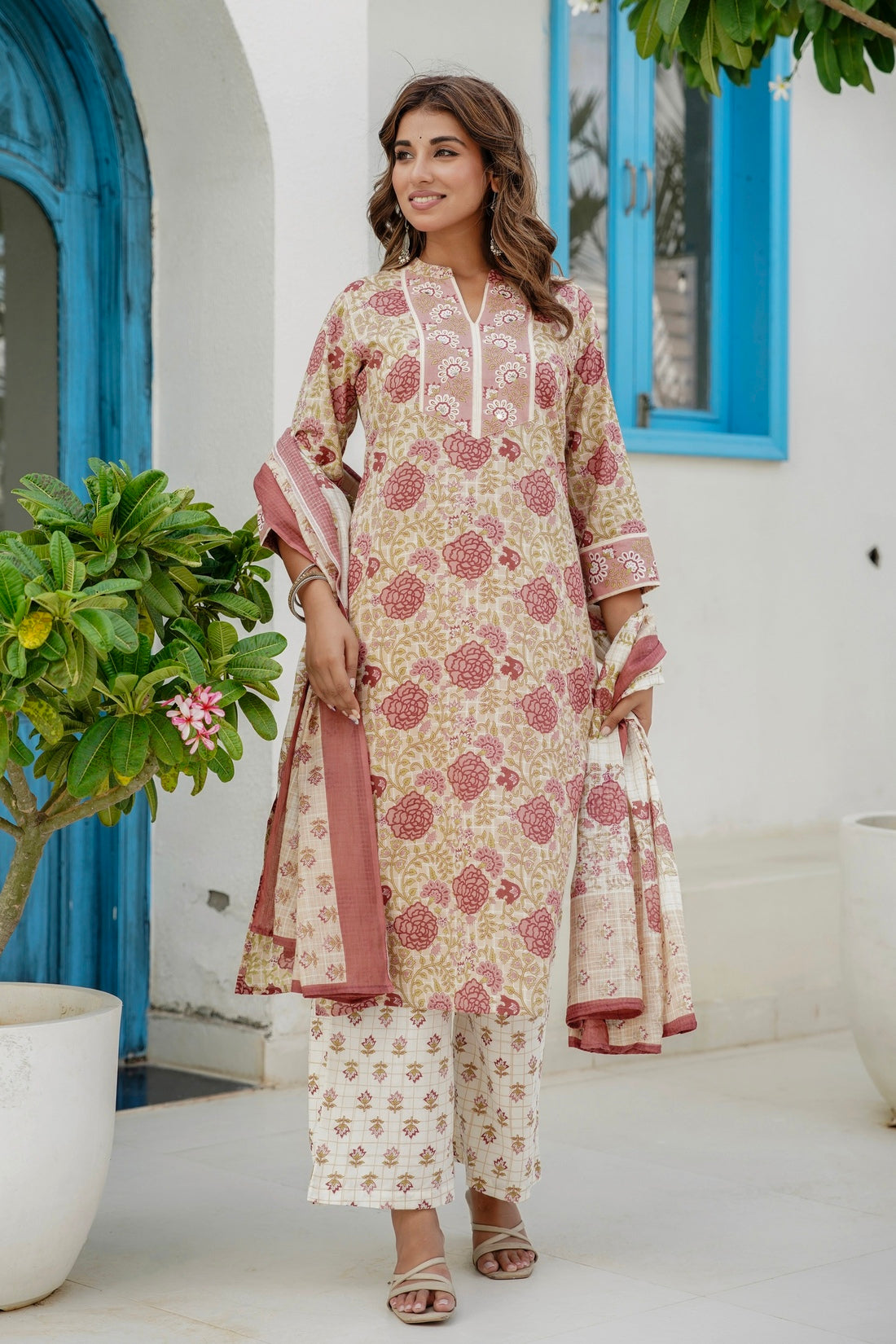 Pink and Off White Floral Cotton Kurta Set with Palazzos and Dupatta