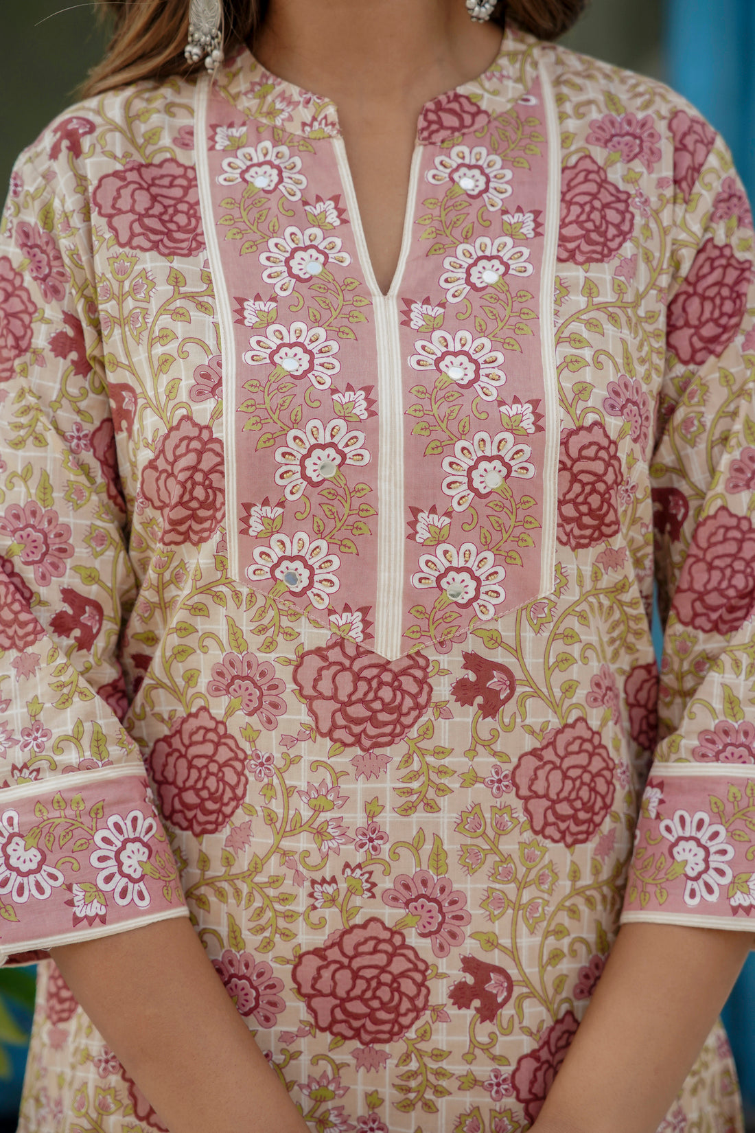 Pink and Off White Floral Cotton Kurta Set with Palazzos and Dupatta