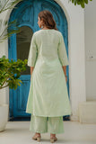 Pastel Green Cord Embroidery Yoke Suit Set with Palazzos and Dupatta