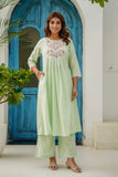 Pastel Green Cord Embroidery Yoke Suit Set with Palazzos and Dupatta