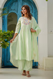 Pastel Green Cord Embroidery Yoke Suit Set with Palazzos and Dupatta