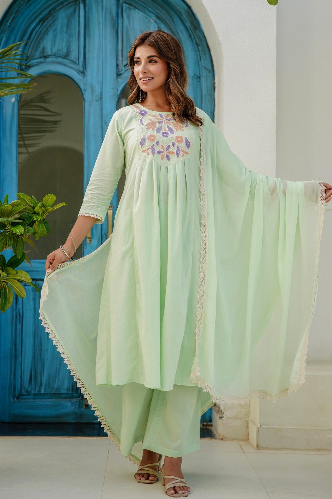 Pastel Green Cord Embroidery Yoke Suit Set with Palazzos and Dupatta