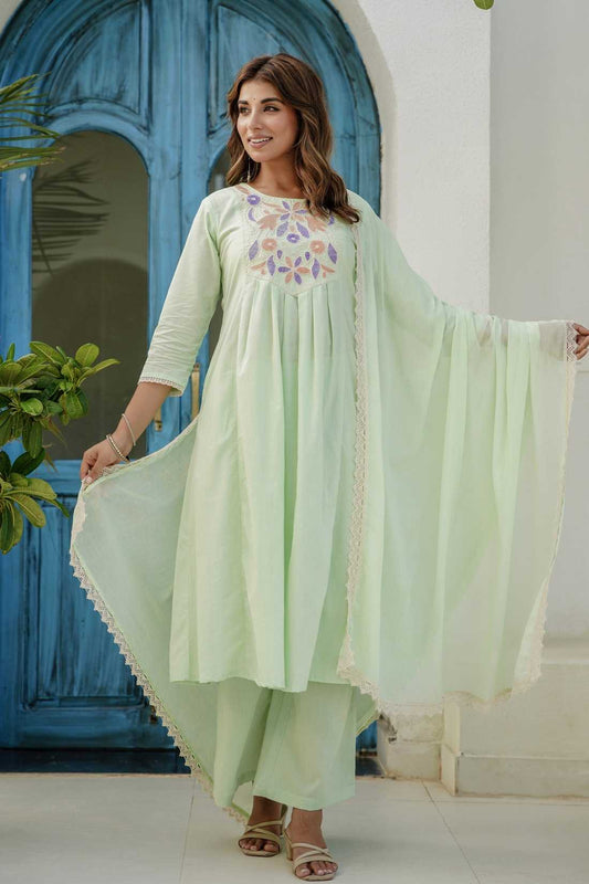 Pastel Green Cord Embroidery Yoke Suit Set with Palazzos and Dupatta