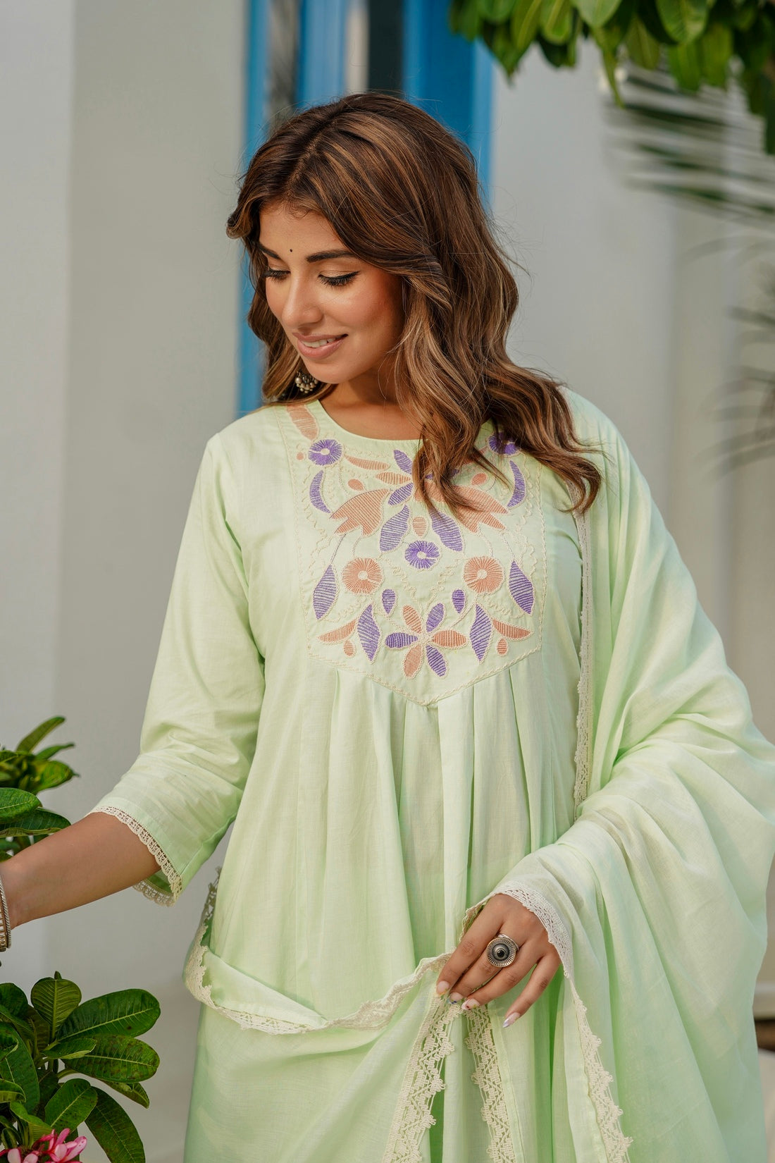 Pastel Green Cord Embroidery Yoke Suit Set with Palazzos and Dupatta