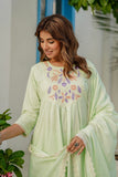 Pastel Green Cord Embroidery Yoke Suit Set with Palazzos and Dupatta
