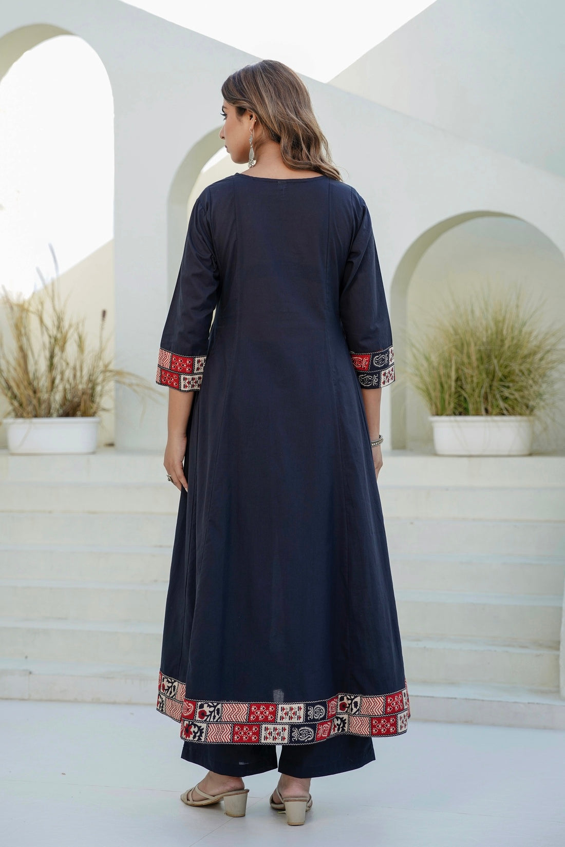 Black Yoke Detail Anarkali Suit Set with Palazzos and Kota Doriya Dupatta